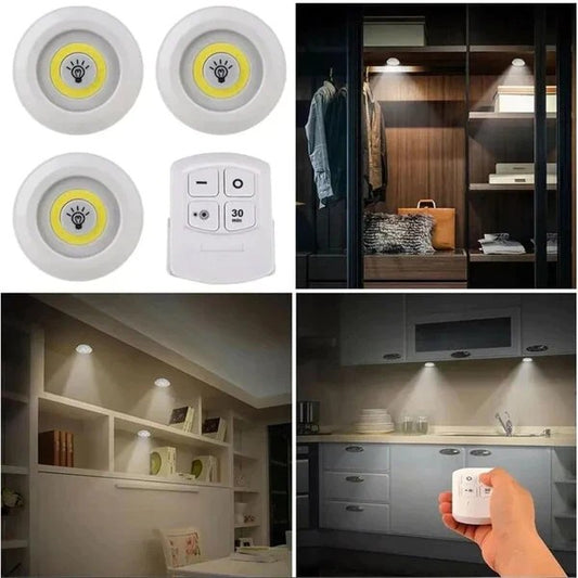 3 piece wireless tap led lights with remote control on kitchen cabinet