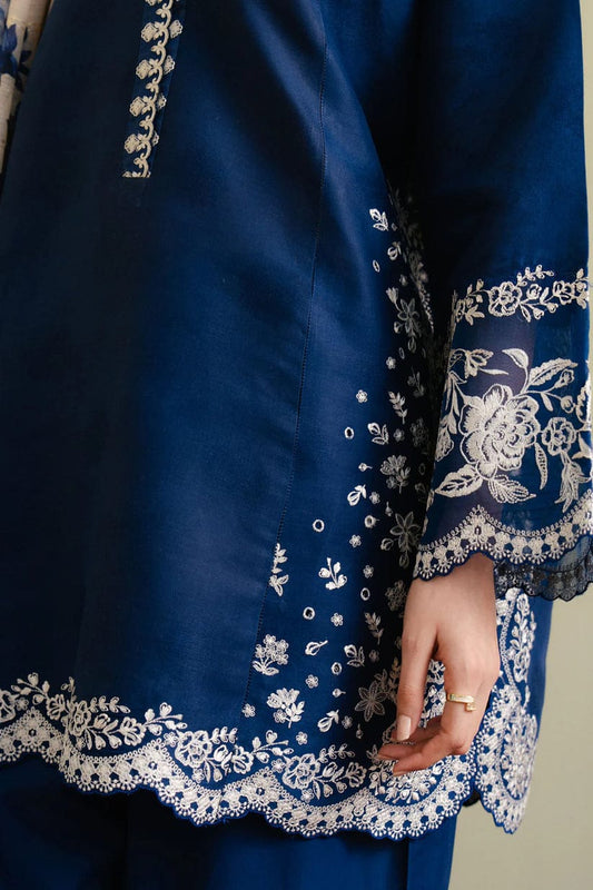 Midnight Navy Embroidered 3-Piece Suit – White Floral Contrast with Scalloped Borders