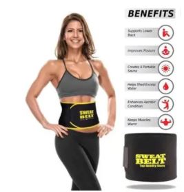 Back view of a fitness model wearing a black neoprene waist trimmer belt for back support and gym workouts.