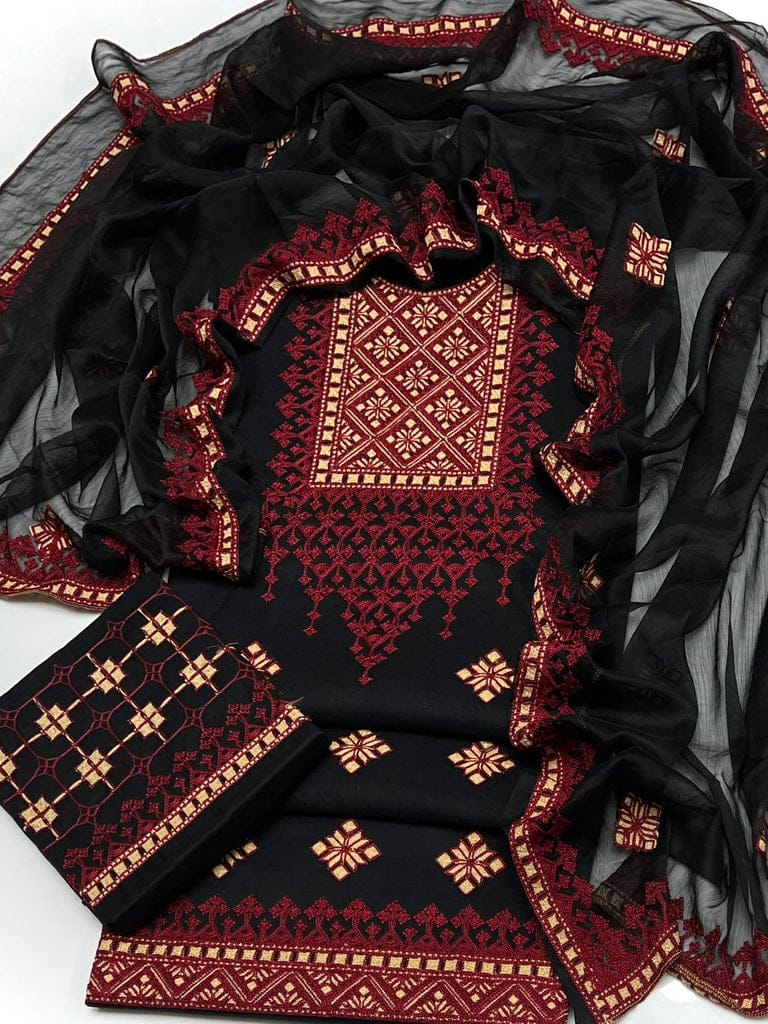 High-quality black Multani lawn cotton unstitched 3-piece suit featuring maroon and gold embroidery with a matching embroidered chiffon dupatta
