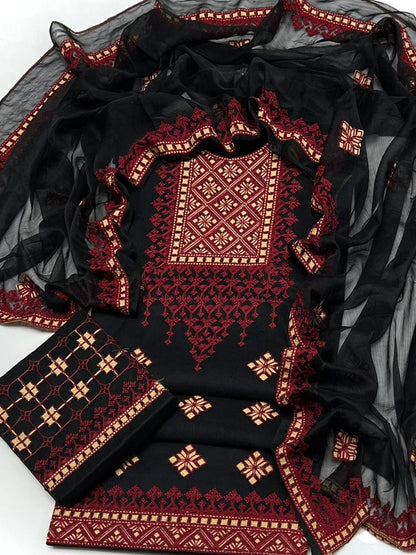 High-quality black Multani lawn cotton unstitched 3-piece suit featuring maroon and gold embroidery with a matching embroidered chiffon dupatta