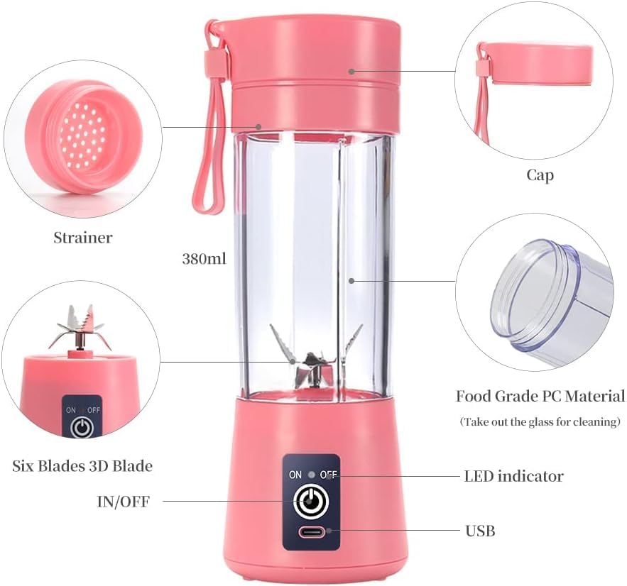 Pink portable blender with features highlighted on a white background