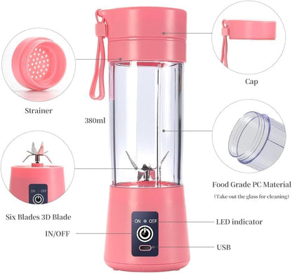 Pink portable blender with features highlighted on a white background