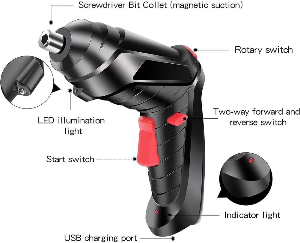 Black and red power tool with labeled features on a white background