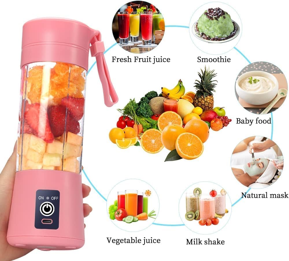 Pink portable blender with images of various drinks and fruits on a white background