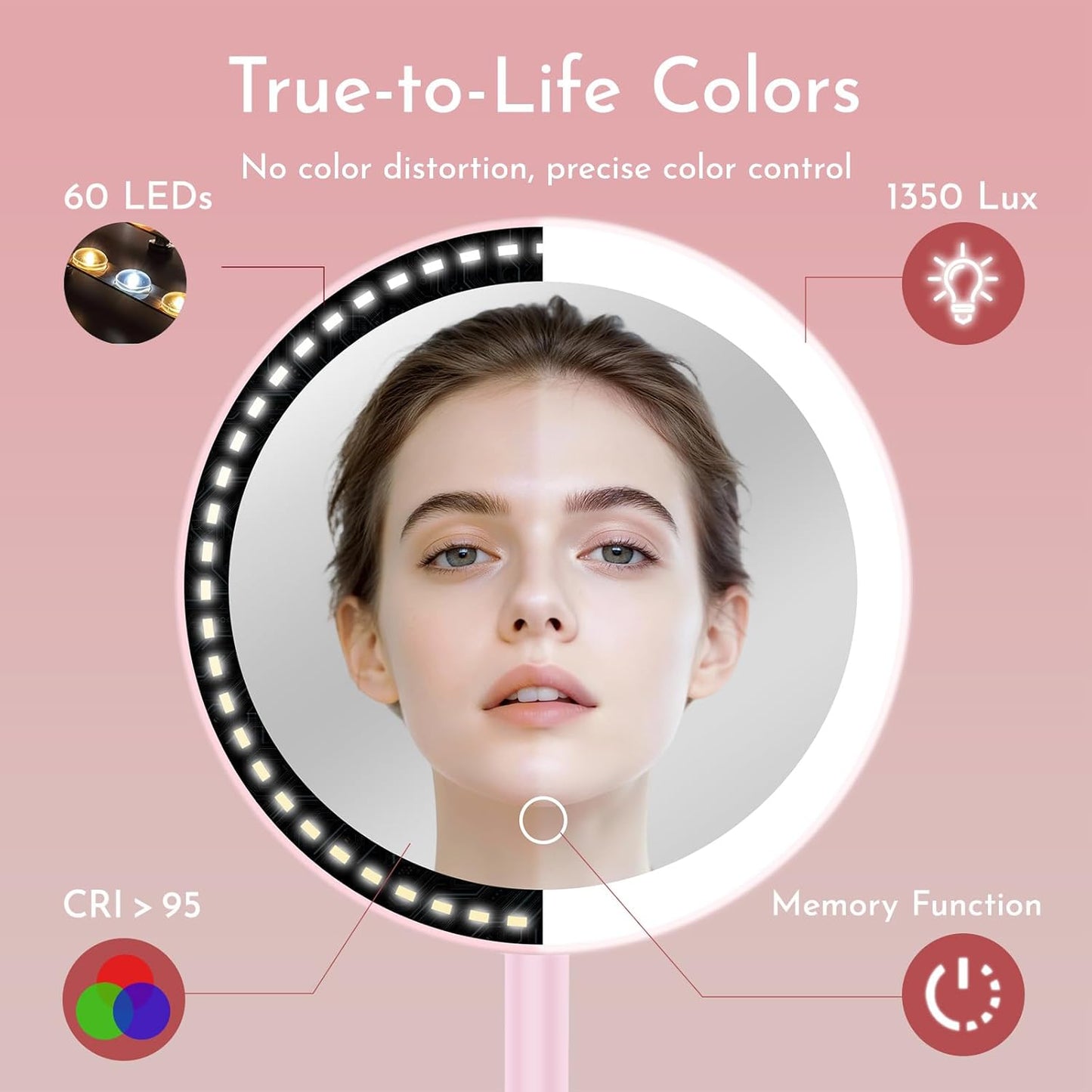 Pink portable tabletop makeup mirror showing the detachable stand