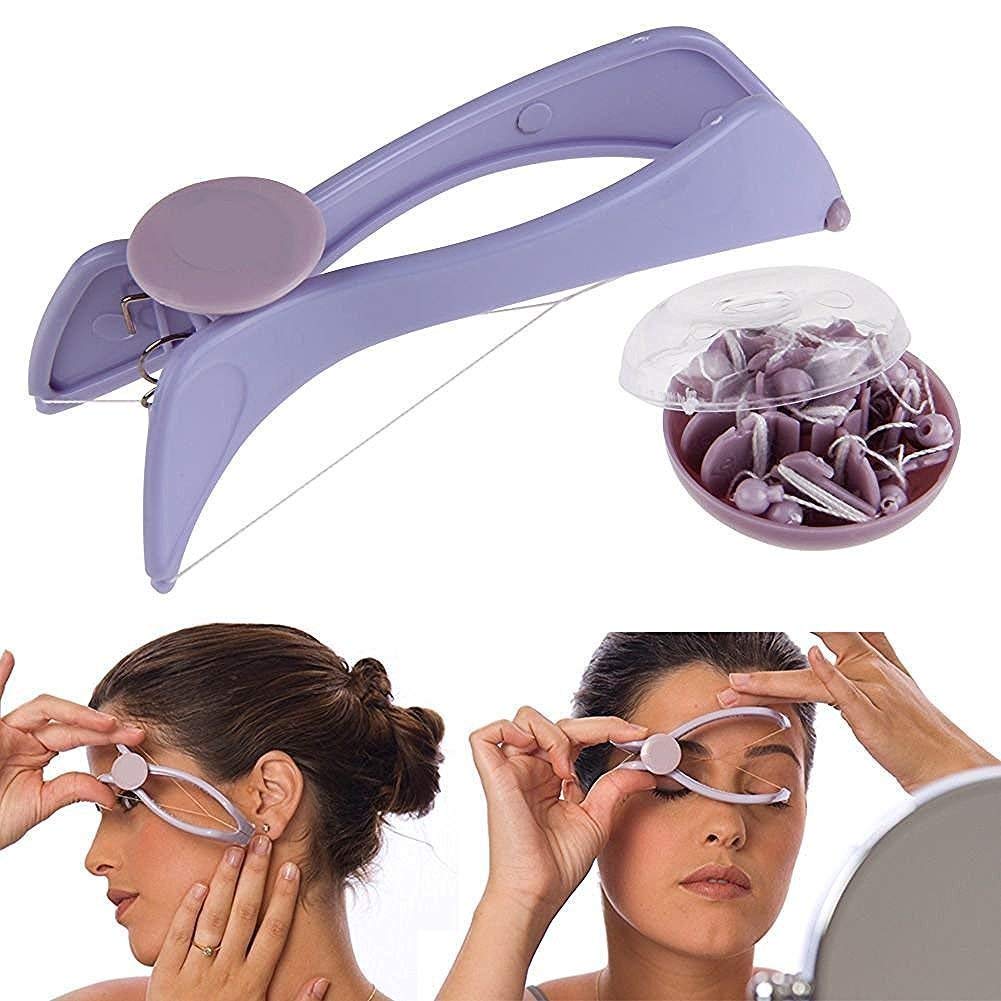 Facial threading tool with thread spool and woman using the tool on a white background