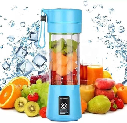 Blue portable blender with fruits and ice cubes on a white background