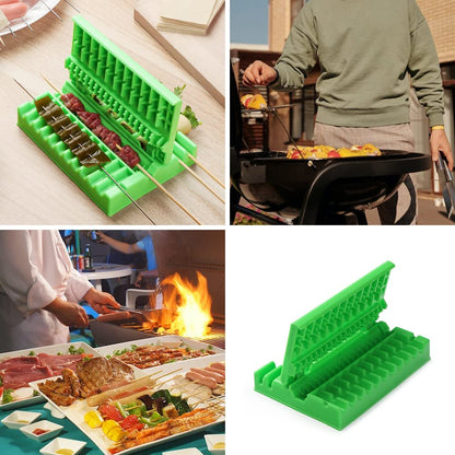 Meat piercing tool being used to make uniform chicken boti skewers