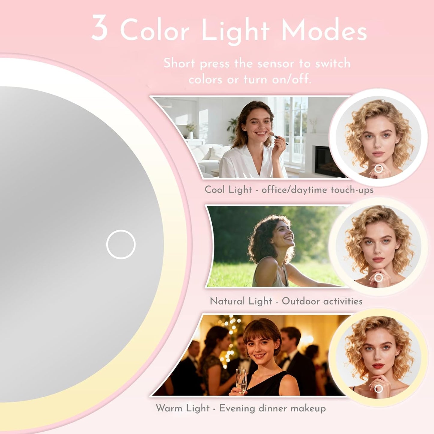 Pink portable tabletop makeup mirror showing the detachable stand.