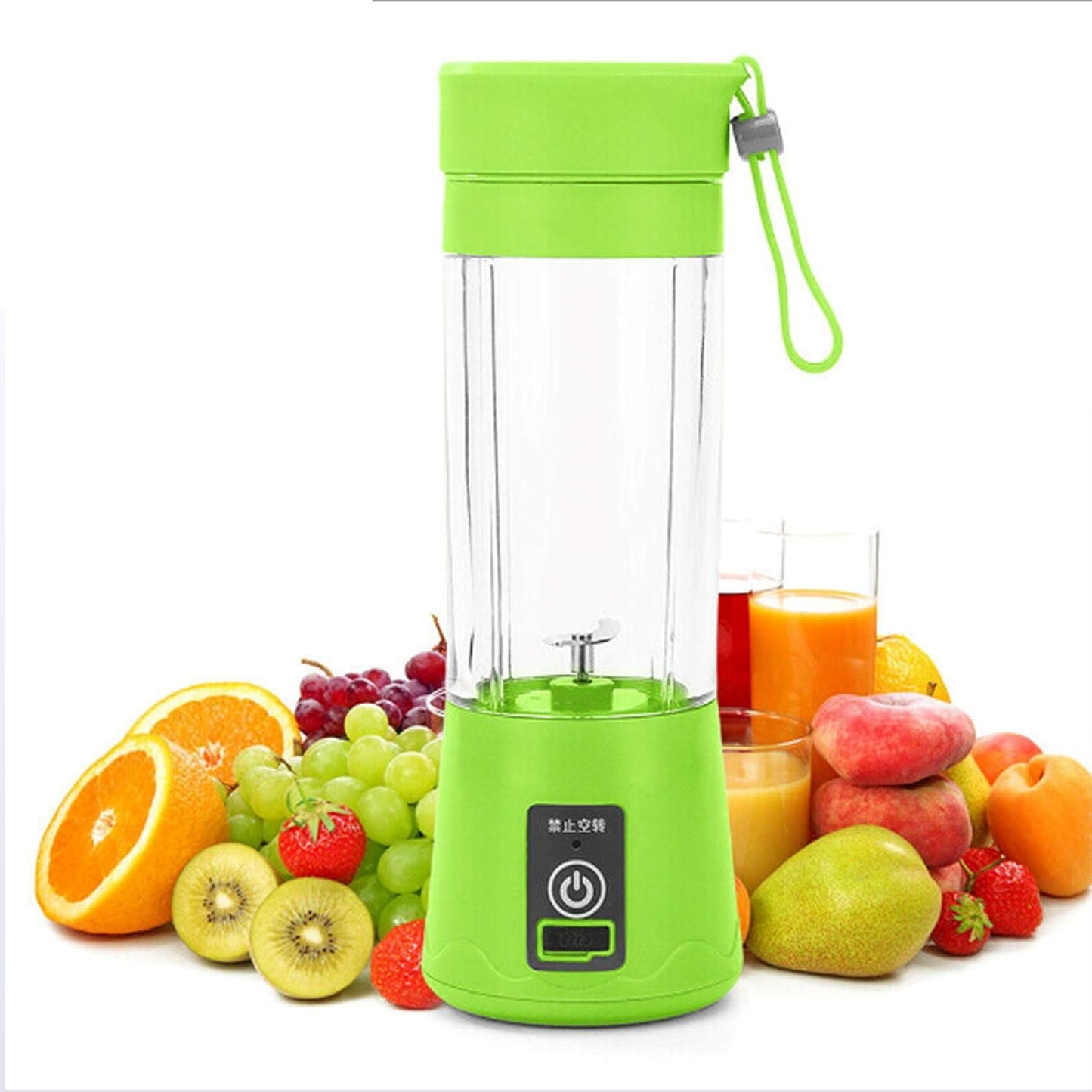 Green portable blender surrounded by fruits on a white background