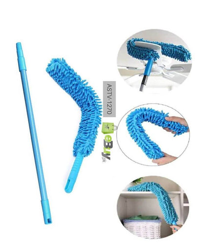Main Image: Blue microfiber flexible ceiling fan duster with long extension pole for high-reach cleaning.
​Action Image 1: Bendable microfiber duster cleaning both sides of a ceiling fan blade simultaneously.
​Action Image 2: Flexible duster head being bent by hand to show 360-degree adjustability.
​Action Image 3: Long handle microfiber brush reaching high shelves and cupboard tops easily.