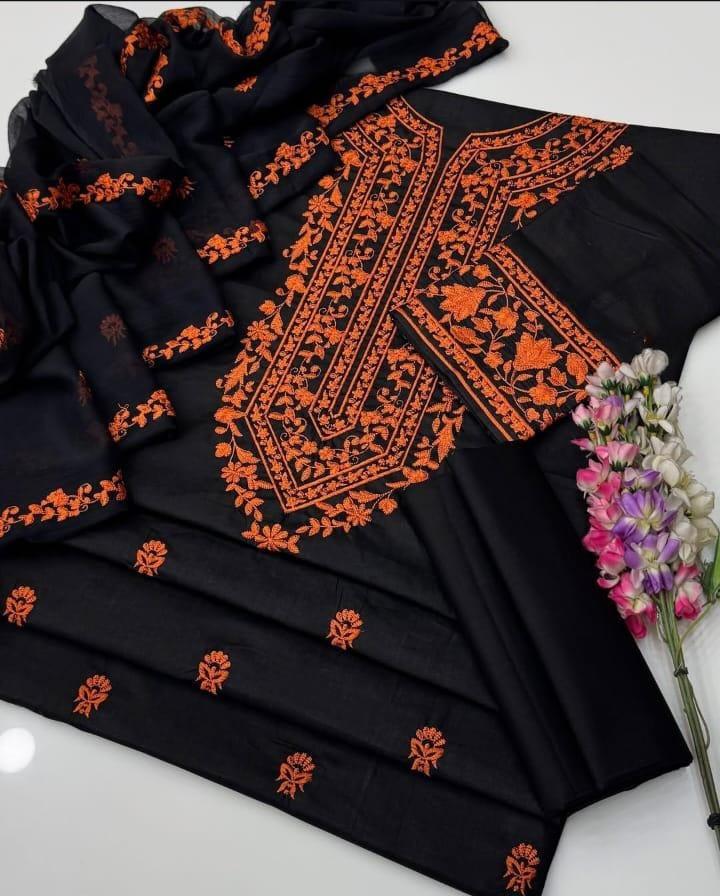 Unstitched 3-piece black lawn cotton suit with heavy orange floral embroidery and matching chiffon dupatta