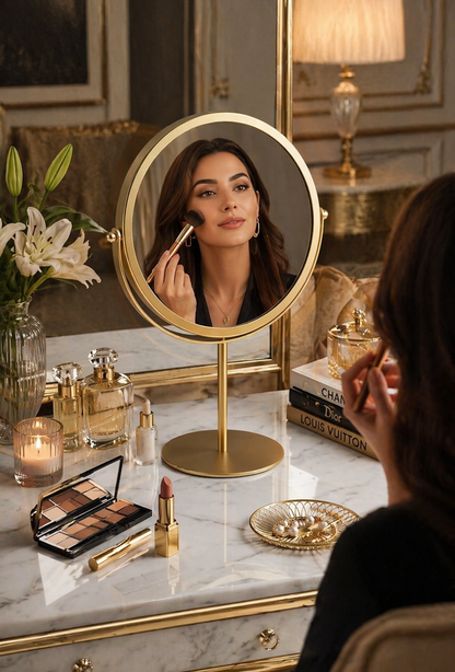 Royal Glow 360° Rotating Golden Metal Vanity Mirror – Premium Tabletop Decor