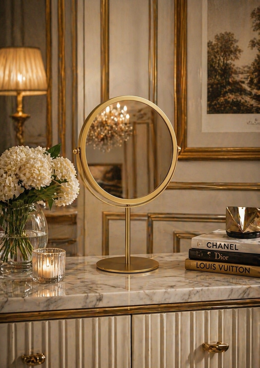 Royal Glow 360° Rotating Golden Metal Vanity Mirror – Premium Tabletop Decor