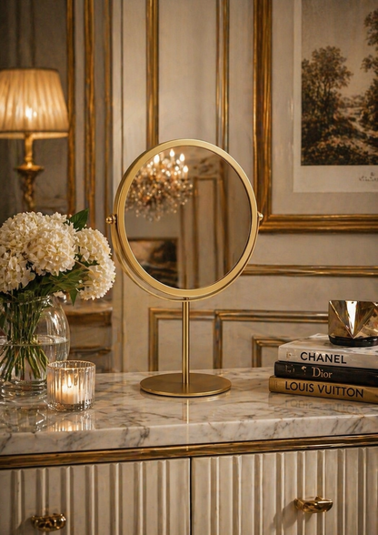Royal Glow 360° Rotating Golden Metal Vanity Mirror – Premium Tabletop Decor