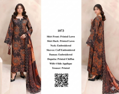 Premium chiffon dupatta with 4-side applique embroidery and embroidered neck patch.