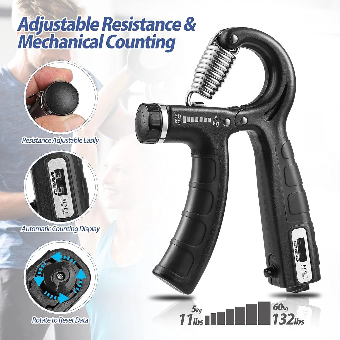 Hand grip strengthener with adjustable resistance and mechanical counting display