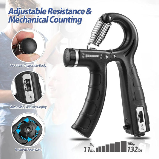 Hand grip strengthener with adjustable resistance and mechanical counting display