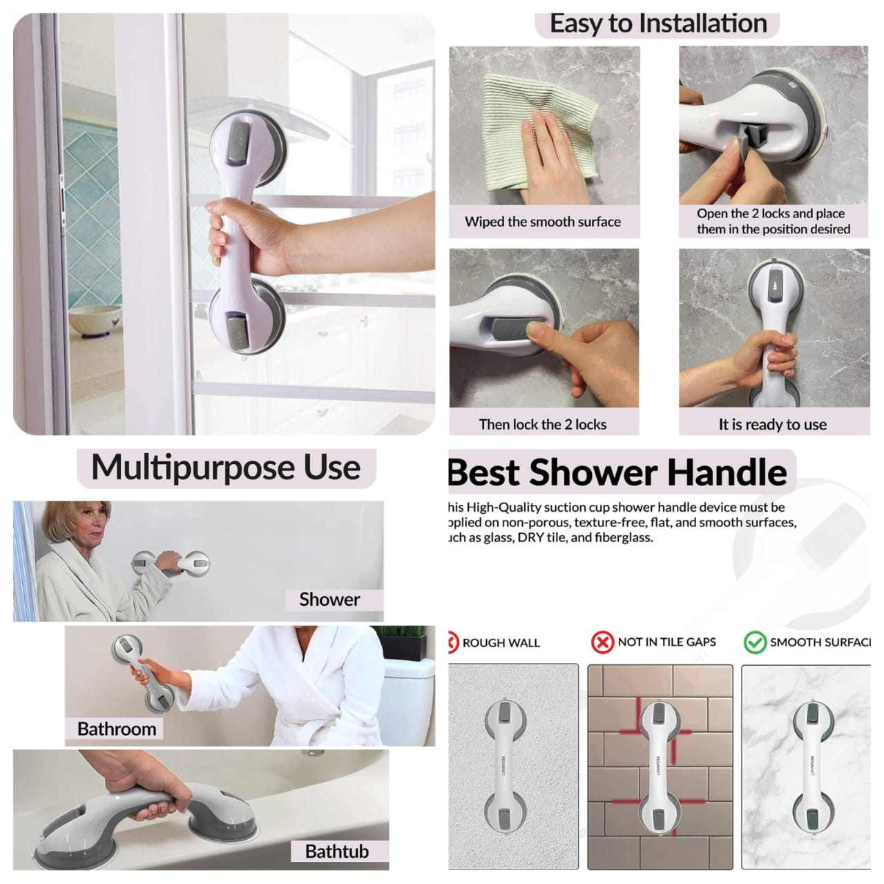 Elderly person using the suction grip bar for support in the shower.
