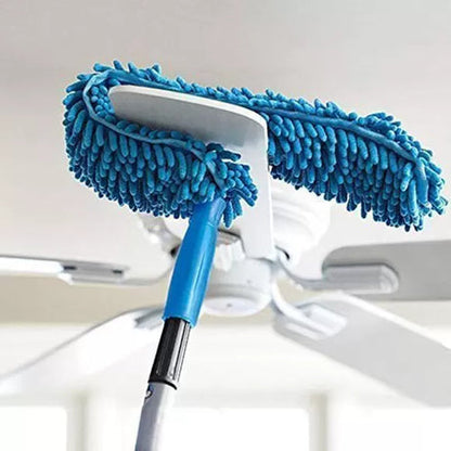 Main Image: Blue microfiber flexible ceiling fan duster with long extension pole for high-reach cleaning.
​Action Image 1: Bendable microfiber duster cleaning both sides of a ceiling fan blade simultaneously.
​Action Image 2: Flexible duster head being bent by hand to show 360-degree adjustability.
​Action Image 3: Long handle microfiber brush reaching high shelves and cupboard tops easily.