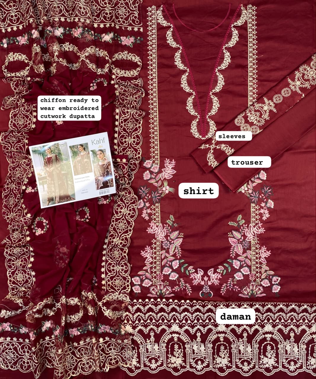 Pakistani women's luxury maroon formal dress with cutwork daman.