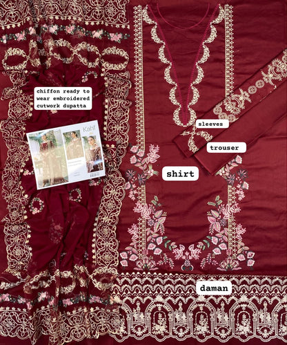 Pakistani women's luxury maroon formal dress with cutwork daman.