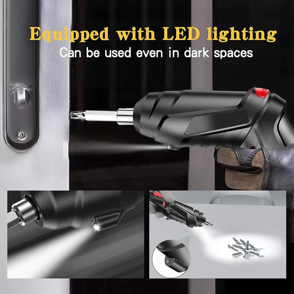 Screwdriver with LED lighting feature being used to screw into a door, with text highlighting its capability to work in dark spaces.