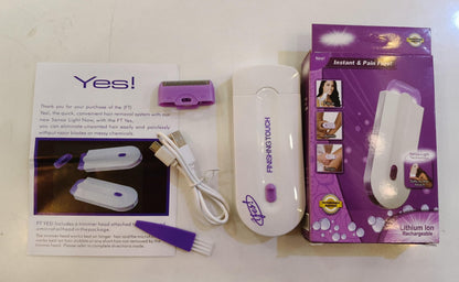 Handheld electric trimmer removing hair painlessly from the arm.