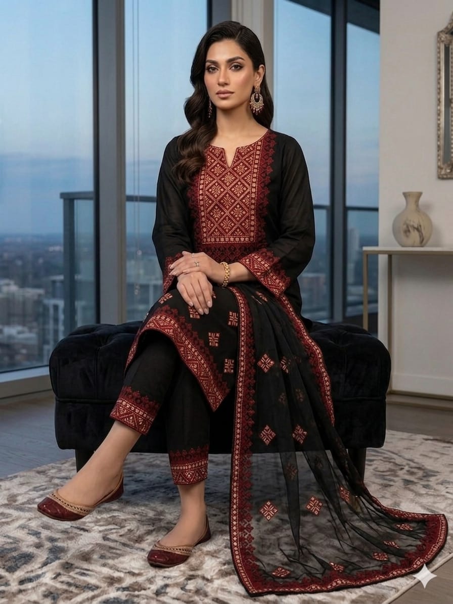 High-quality black Multani lawn cotton unstitched 3-piece suit featuring maroon and gold embroidery with a matching embroidered chiffon dupatta