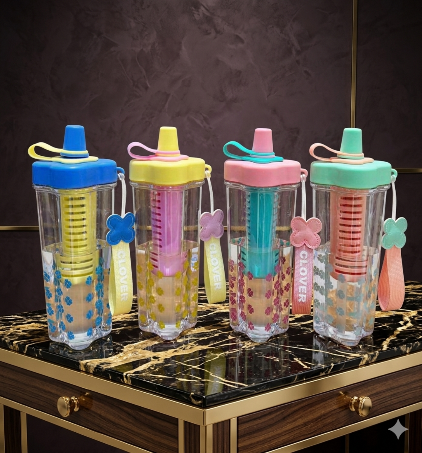 600ml Aesthetic Clover Water Bottle with Pink Fruit Infuser and Fabric Carry Strap
