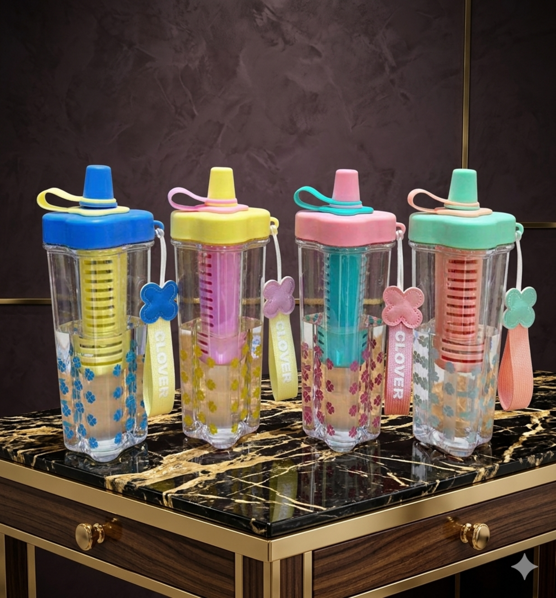 600ml Aesthetic Clover Water Bottle with Pink Fruit Infuser and Fabric Carry Strap