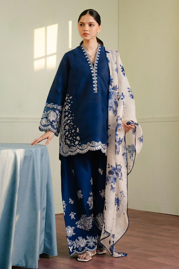 Midnight Navy Embroidered 3-Piece Suit – White Floral Contrast with Scalloped Borders