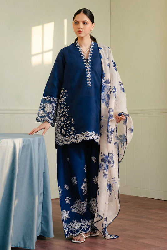 Midnight Navy Embroidered 3-Piece Suit – White Floral Contrast with Scalloped Borders