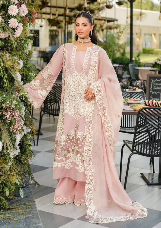 Blush pink luxury suit with heavy white lace floral embroidery on the front and sleeves."