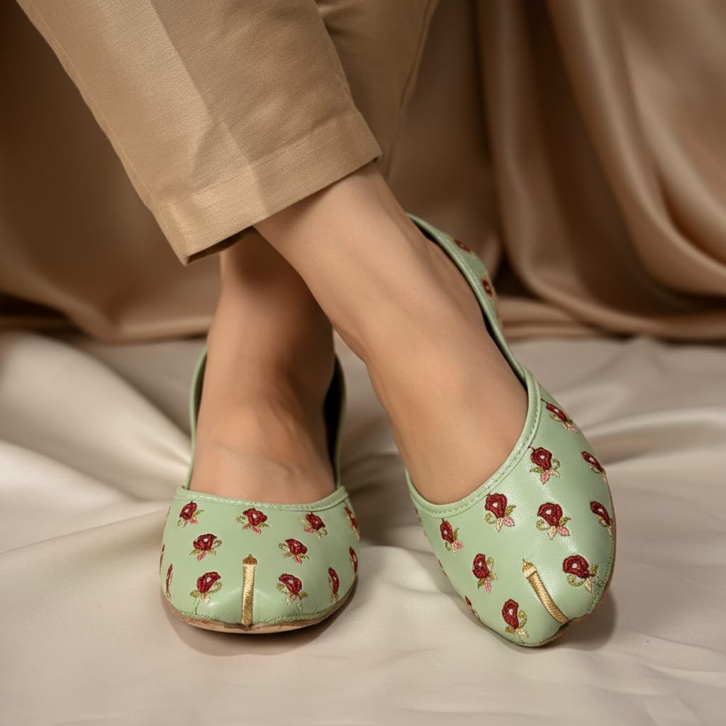 Green floral embroidered shoes worn with beige pants on a neutral background