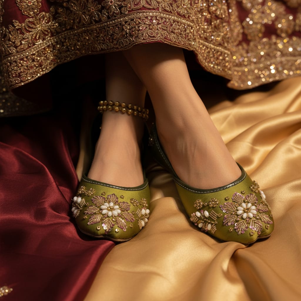 Women's Fancy Khussa Juti | Hand Embroidery with Zari, Sequins & Pearl Beads | Wedding & Festive Footwear
