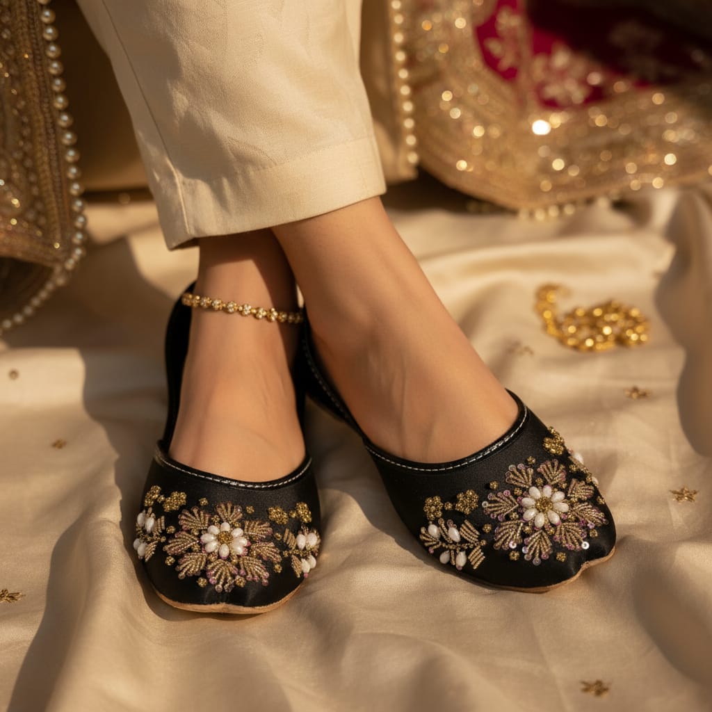 Women's Fancy Khussa Juti | Hand Embroidery with Zari, Sequins & Pearl Beads | Wedding & Festive Footwear