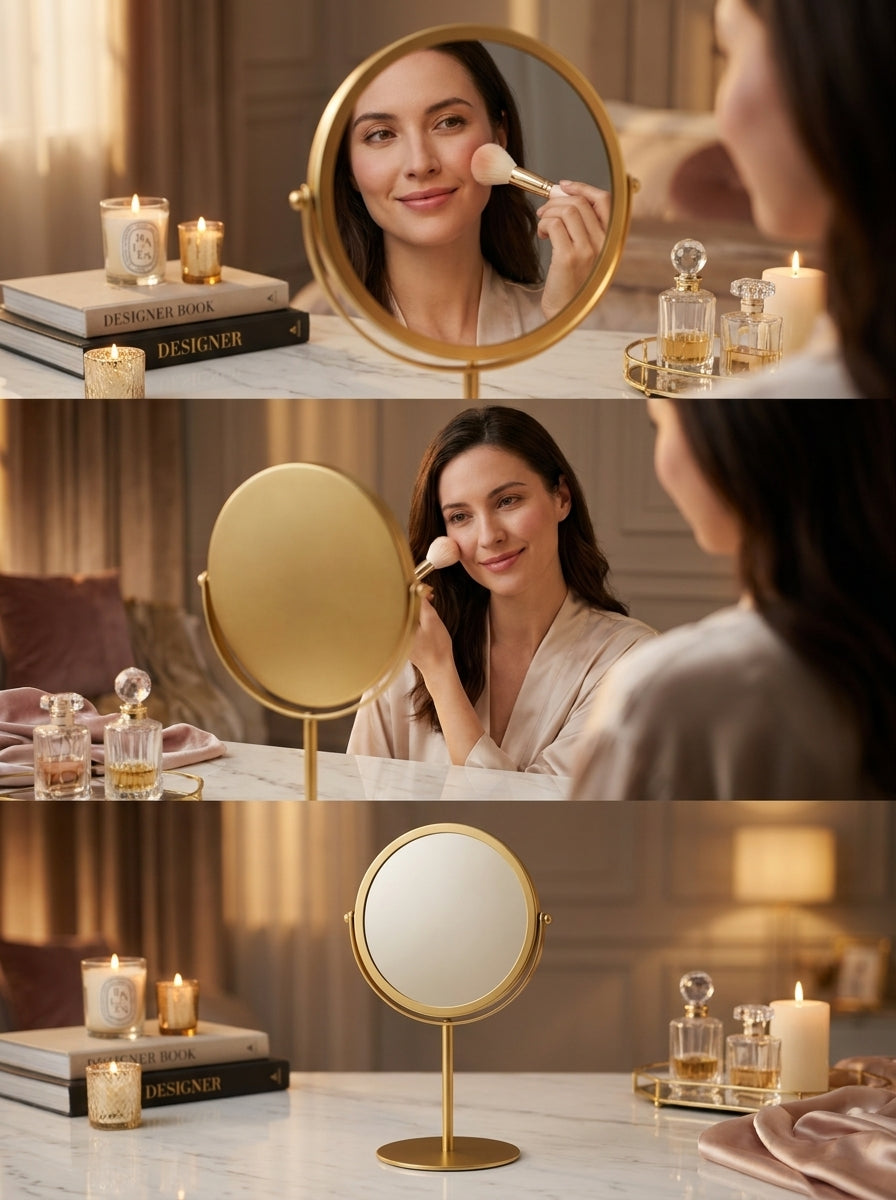 Royal Glow 360° Rotating Golden Metal Vanity Mirror – Premium Tabletop Decor