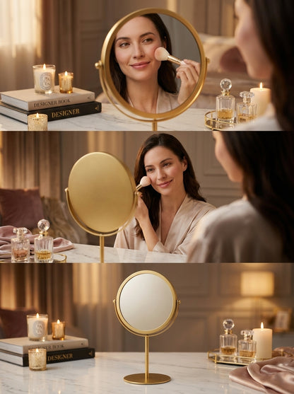 Royal Glow 360° Rotating Golden Metal Vanity Mirror – Premium Tabletop Decor