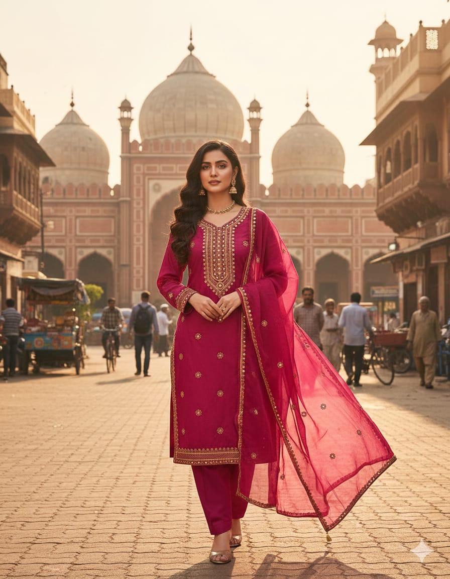 Luxury Lawn Cotton 3-Piece Unstitched Suit - 9mm Mirror Work Embroidery, Chiffon Dupatta, Eid Festival Special Collection (Red)