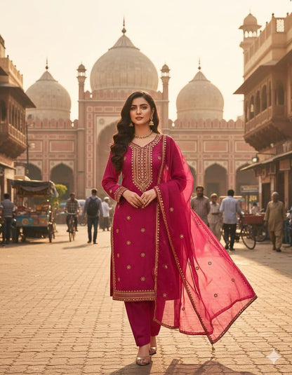 Luxury Lawn Cotton 3-Piece Unstitched Suit - 9mm Mirror Work Embroidery, Chiffon Dupatta, Eid Festival Special Collection (Red)