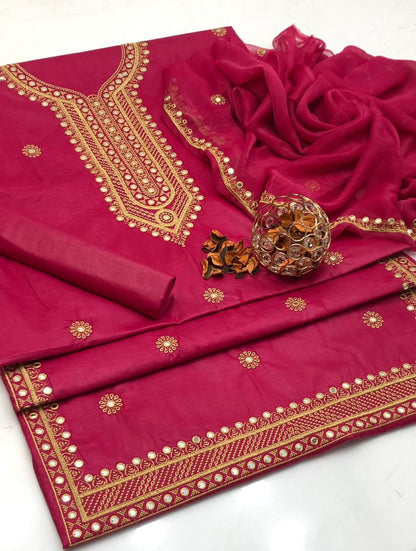 Luxury Lawn Cotton 3-Piece Unstitched Suit - 9mm Mirror Work Embroidery, Chiffon Dupatta, Eid Festival Special Collection (Red)