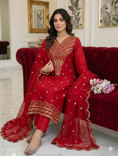Jazmin Style Luxury Unstitched 3 Piece Suite | Sequence Embroidered Lawn Cotton with Chiffon Dupatta