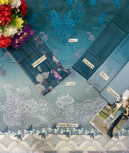 Premium Teal & Grey Ombre Embroidered Chiffon 3-Piece Unstitched Suit