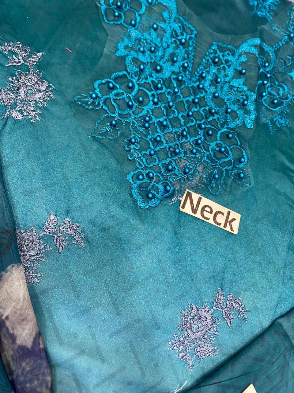 Premium Teal & Grey Ombre Embroidered Chiffon 3-Piece Unstitched Suit