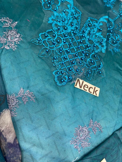 Premium Teal & Grey Ombre Embroidered Chiffon 3-Piece Unstitched Suit