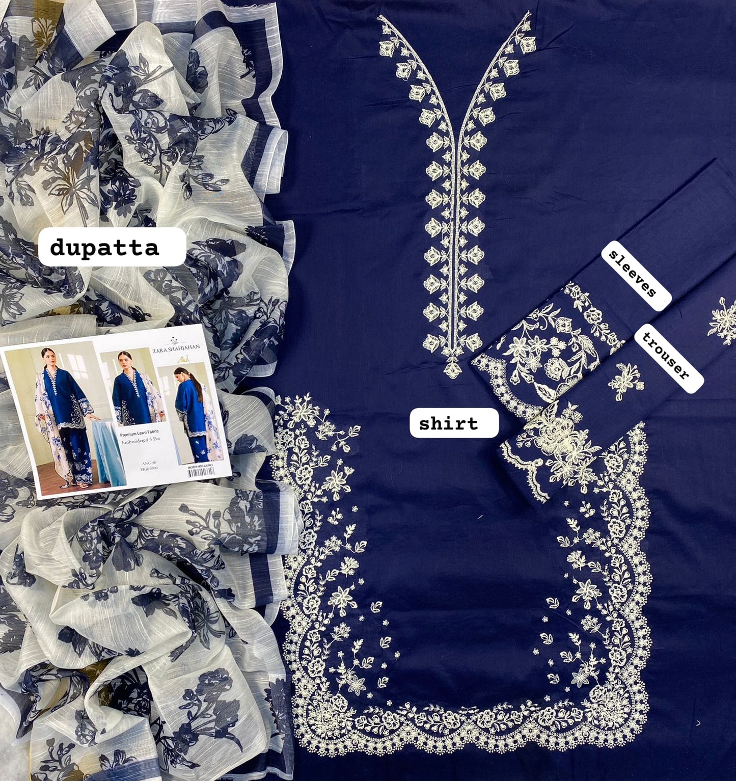 Midnight Navy Embroidered 3-Piece Suit – White Floral Contrast with Scalloped Borders