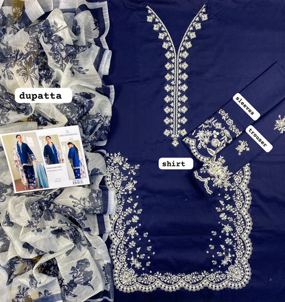 Midnight Navy Embroidered 3-Piece Suit – White Floral Contrast with Scalloped Borders