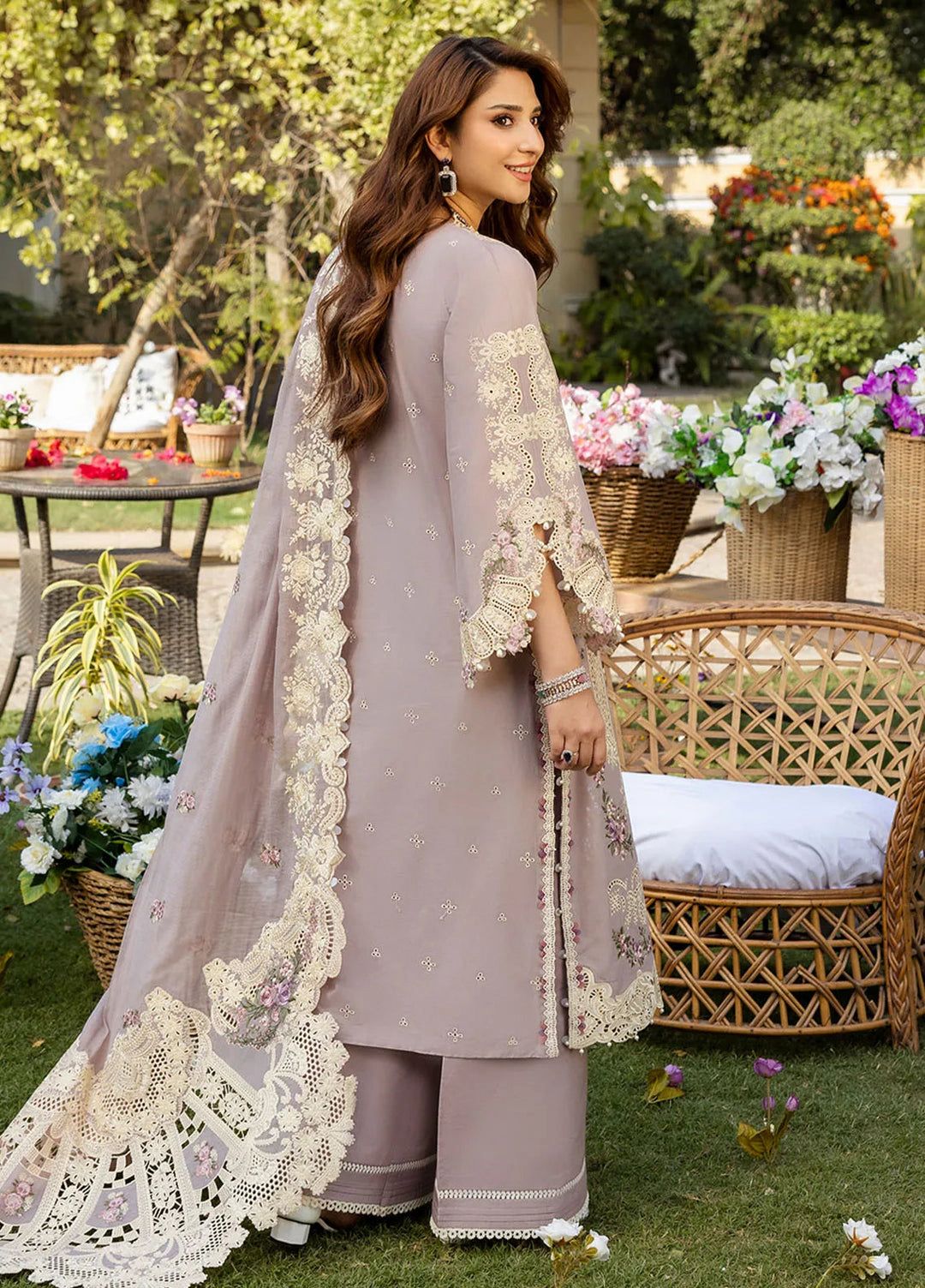 Elegant Lavender Embroidered Festive Suit with Intricate Lace 